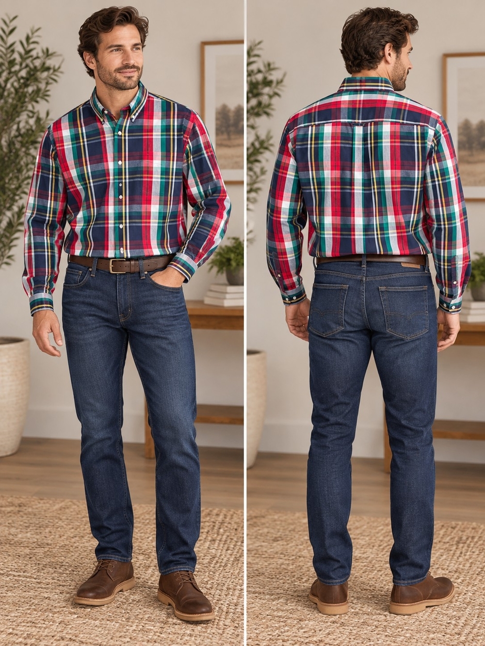 Chaps Men's Red Green Blue Plaid Button-Down Shirt Size L